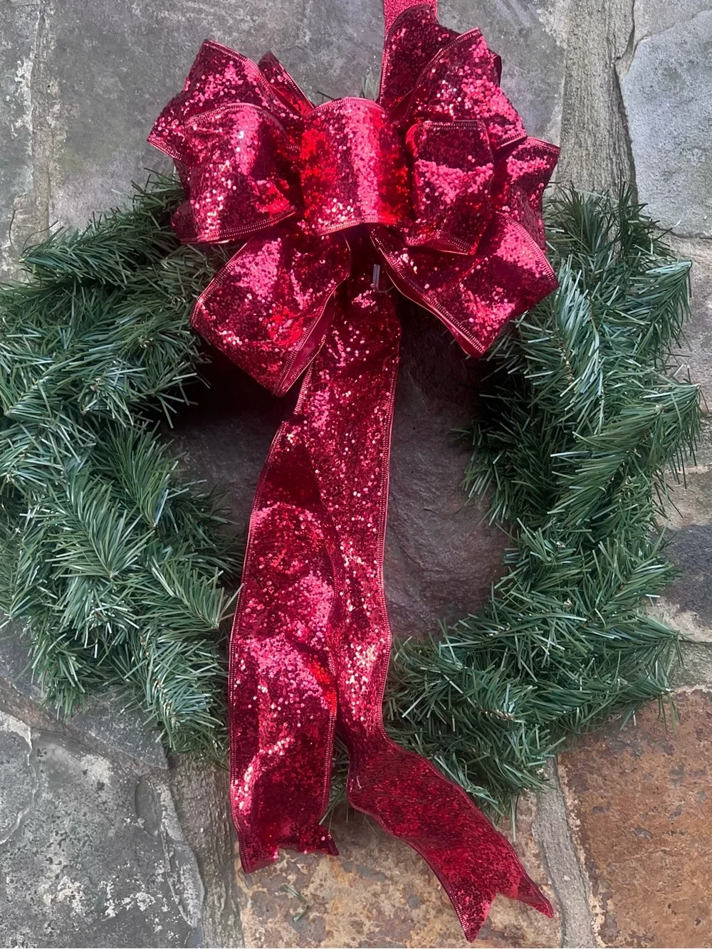 Festive Green Holiday Wreath with Sparkling Red Bow